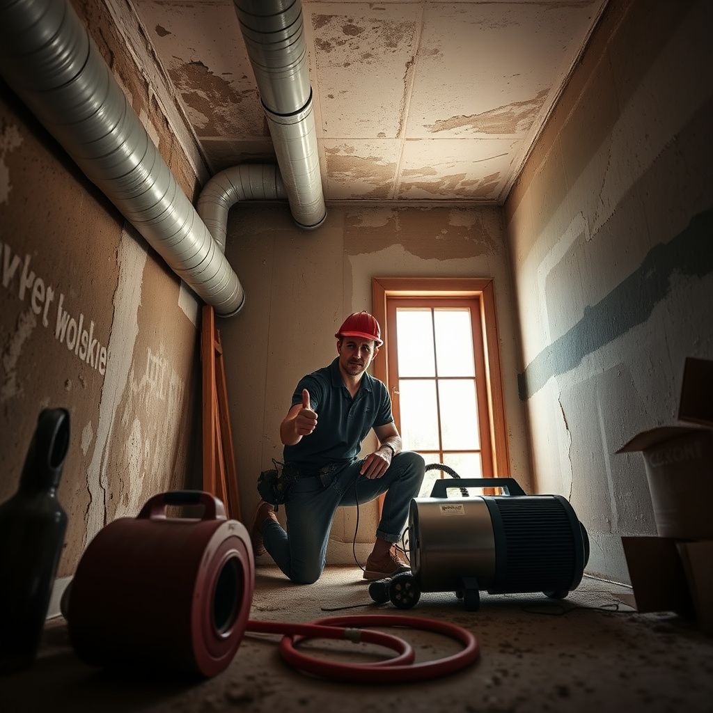 A Star Pro Mold Removal technician carefully inspecting a damp wall with a moisture meter in a Crowley, Texas home, ensuring thorough assessment.