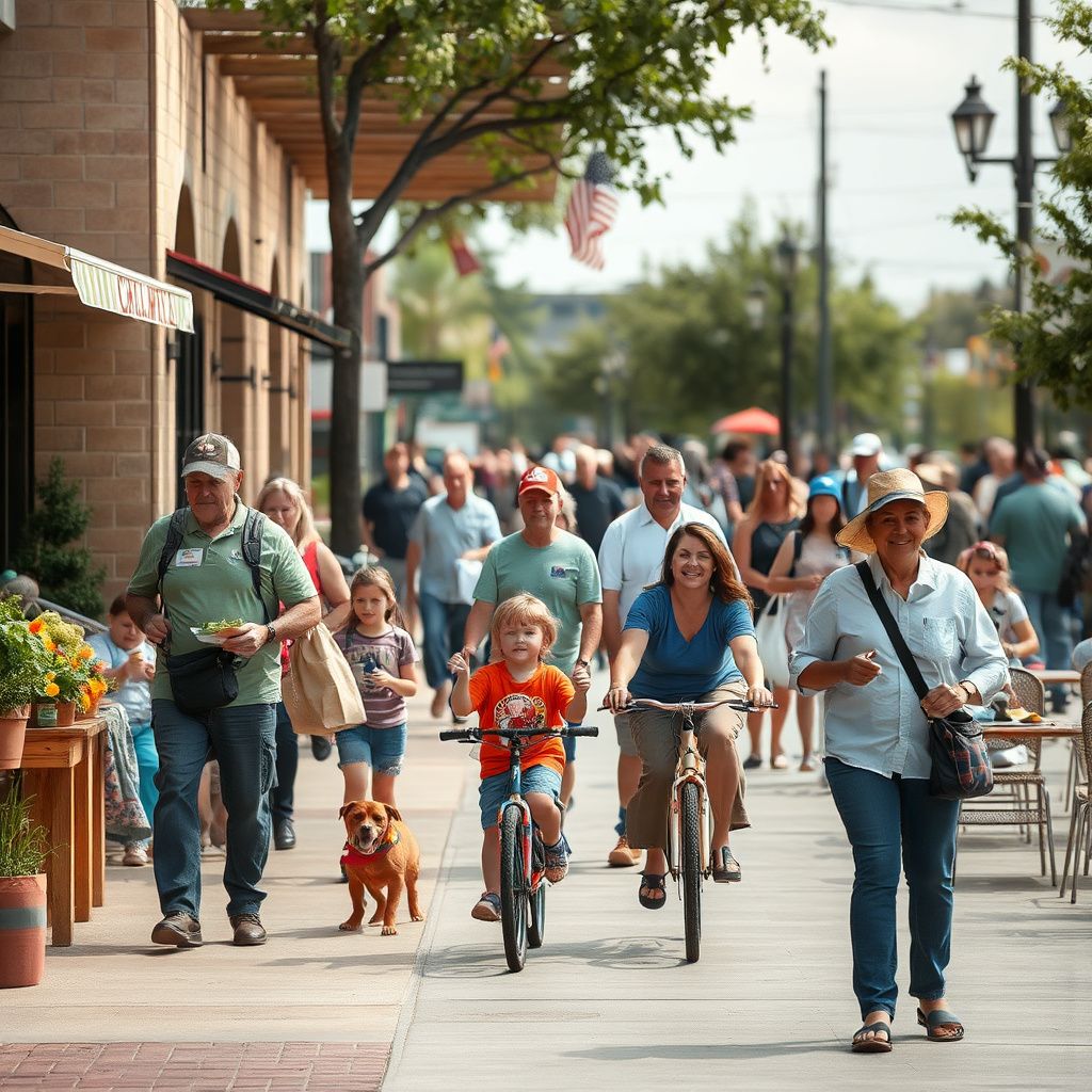 Historic downtown Cedar Hill street scene with charming brick buildings and mature trees under a sunny Texas sky.
